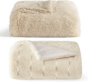 Bedsure Bundle of Faux Fur Blanket，Beige & Ivory