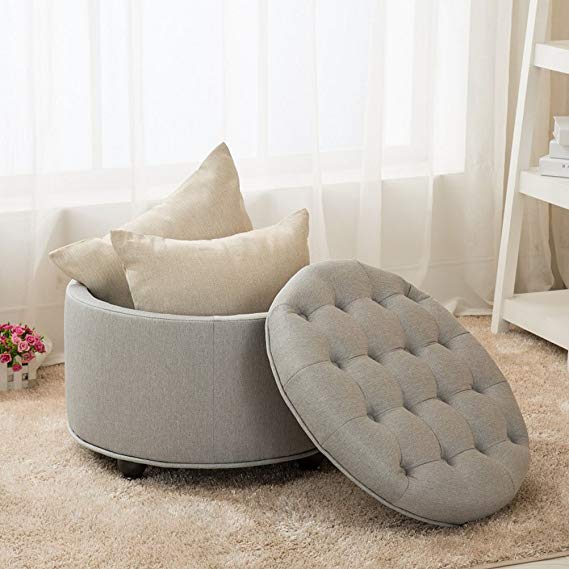 Yongchuang Circular Large Modern Style Tufted Floding Storage Ottoman, 23.6 x 23.6 x 17.7 inches