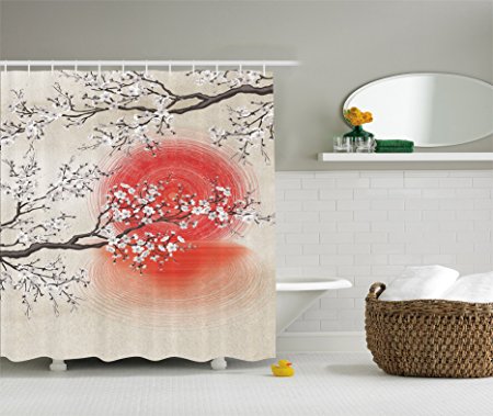 Japanese Garden Park Decor by Ambesonne, Sakura Cherry Trees Branches Leaves White Flowers in Spring Blossom Under the Red Sun, Polyester Fabric Bathroom Shower Curtain Set with Hooks