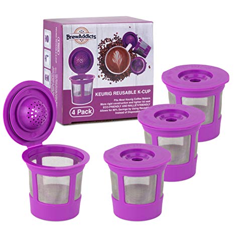 Brew Addicts Reusable K-Cups for Keurig 2.0 & 1.0 Brewers | Eco-Friendly Universal Fit Refillable Single Cup Coffee Filters | Stainless Steel Mesh Filter | Purple (4 Pack)