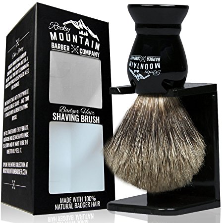 Shaving Brush with Stand - Rocky Mountain Barber Pure 100% Best Badger Hair Barber Grade with Black Heavy Duty All-Resin Handle and Oversized Bristle Head For Better Shaving Cream Lather