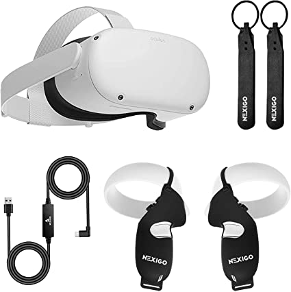 Oculus Quest 2 VR Headset 256GB Holiday Bundle, Advanced All-in-One Virtual Reality Headset, NexiGo Controller Grip Cover Black   Knuckle Strap Black   16FT Link Cable Accessory Bundle