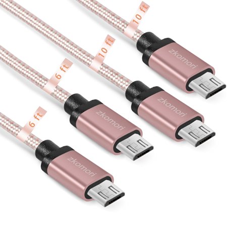 Zkomori Micro USB Cable 4Pack 6ft 10ft High Speed Nylon Braided Cord for Samsung, HTC, Motorola, Nokia, Android, and More