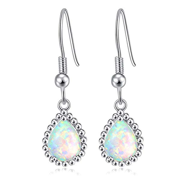 CiNily Created White Fire Opal Rhodium Plated for Women Jewelry Gemstone Dangle Earrings 1 1/4"