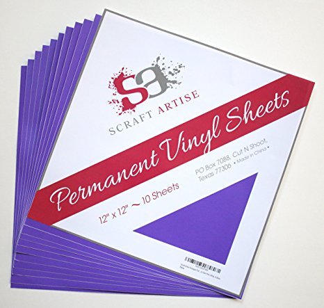 Scraft Artise Packaged Flat 12” x 12” Matte Finish Permanent Outdoor Adhesive Craft Vinyl, 10 Sheet Pack True Purple