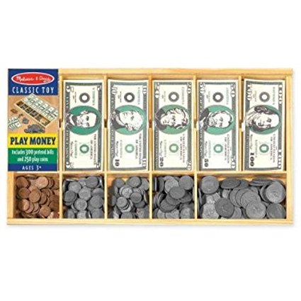 Melissa & Doug Play Money Set - Educational Toy With Paper Bills and Plastic Coins (50 of each denomination) and Wooden Cash Drawer for Storage