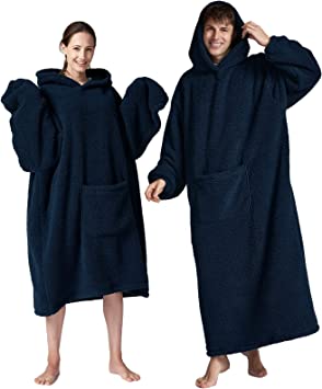 Hansleep Wearable Blanket Hoodie for Men, Snuggie for Women with Pockets and Sleeves Hooded Blanket Sweatshirt - Navy Long