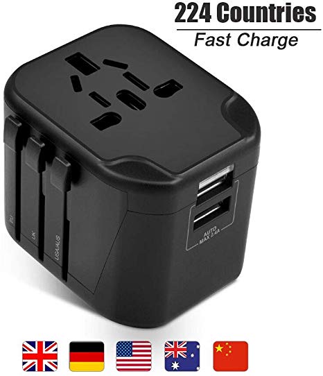Evershop Travel Plug Adapter, International Power Adapter for 200  Countries with 2 USB Ports and AC Power Plug Universal Adapter Worldwide Wall Charger for USA UK Europe Australia Asia China ect