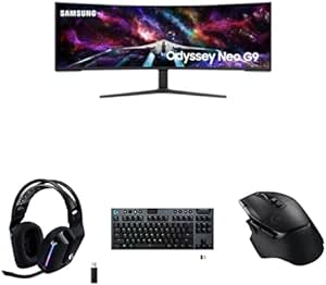 Samsung 57 Inch 8K Ultra HD 240Hz 1ms GTG Curved VA LED FreeSync Black/White Gaming Monitor and Logitech Gaming Bundle