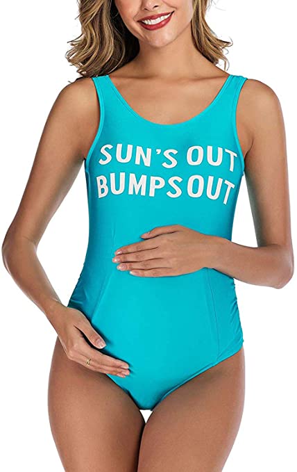 Womens One Piece Maternity Swimsuits Sun's Out Bumps Out Bathing Suit Letter Graphic Monokini Swimwear