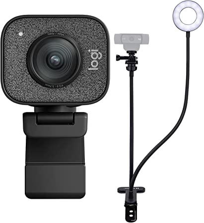 Logitech StreamCam Plus Webcam with Tripod (Graphite) and Knox Gear Webcam Stand with Selfie Ring Light Bundle (2 Items)