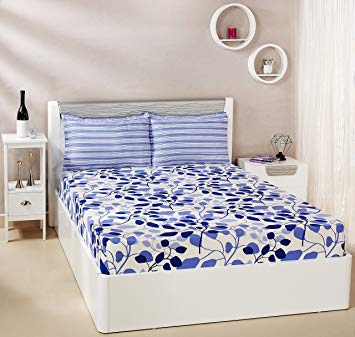 Amazon Brand - Solimo Leafy Spring 144 TC 100% Cotton Double Bedsheet with 2 Pillow Covers, Blue