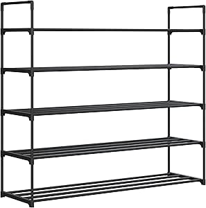 Home-Complete Shoe Rack - 5-Tier Shoe Organizer for Closet, Bathroom, Entryway - Shelf Holds 25 Pairs Sneakers, Heels, Boots (Black)