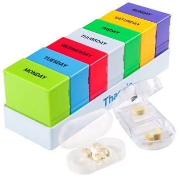 Pill Box, Large Weekly 7 Day Pill Organizer - Prescription, Medicine, Vitamin Case - Daily AM PM Travel Reminder Holder, Medication Dispenser Container, - Includes Pill Cutter / Splitter