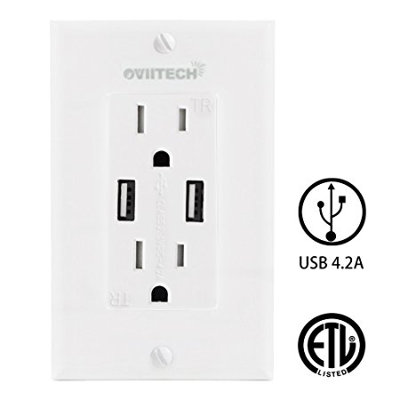 OviiTech 4.2 AMP Dual Smart High Speed Wall Mount USB Charger Outlet,15A Tamper Resistant Receptacle,Wall Plate with Screw, White