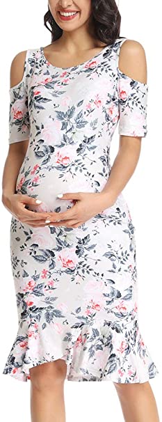 Ecavus Women's Maternity Dress Bodycon Cold Shoulder Pregnancy Dresses with Ruffle Hem for Baby Shower