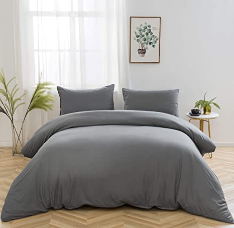 AYSW Bedding Set and Fitted Sheet Double Size 4 Pieces 100GSM Brushed Microfiber Duvet Cover with Pillowcases with 30cm Deep Pocket Bed Sheet Soft Duvet Cover Fade Resistant Grey