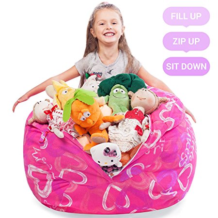 Stuffed Animal Storage Bean Bag Cover -  Stuffed Toy Organizer & Perfect Storage Solution. Stuff, Zip, Sit - That's It! (27", Little Princess)