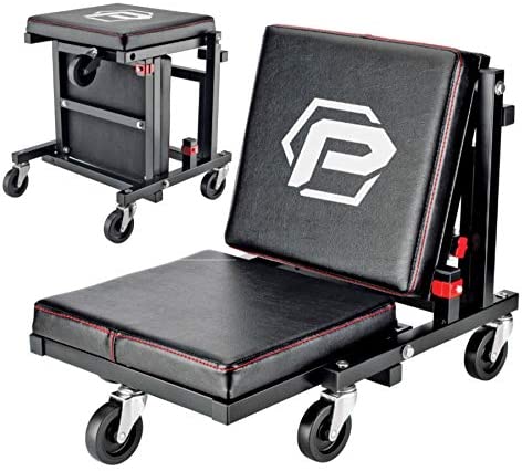 Powerbuilt 2-in-1 Rolling Creeper Seat Converts from High to Low Roller Seat, Fast, Tool-Free Conversion, Garage, Shop, Brake Jobs, Washing, Detailing, Maintenance, Thick Pad, 3-in. Casters - 240298