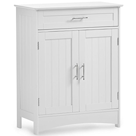 VonHaus Bathroom Floor Cabinet Storage Unit with Drawer and 2 Doors - Classic White Furniture with Chrome Handles (Includes All Hardware)