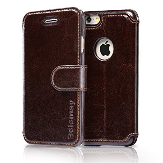 iPhone 6S Plus / 6 Plus Case, Belemay Genuine Cowhide Wallet Leather Case, Flip Cover with Magnetic Closure Credit Card Holder Kickstand Money Pouch for iPhone 6s Plus & iPhone 6 Plus - Coffee Brown