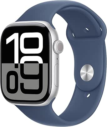 Apple Watch Series 10 (GPS 46 mm) Smartwatch mit Aluminiumgehäuse in Silber und Sportarmband in Denim (M/L). Fitnesstracker, EKG App, Always-On Retina Display, Wasserschutz