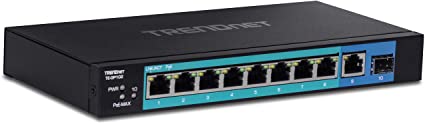 TRENDnet 10-Port Unmanaged Gigabit PoE  Switch, 8 x Gigabit PoE , 1 x Gigabit, 1 x Gigabit SFP Slot, 58W PoE Power Budget, 20Gbps Switching Capacity, Metal Network Switch, Fanless, Black, TE-GP102