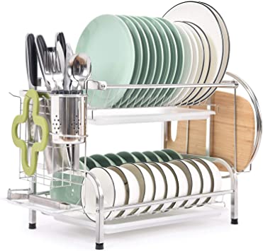 TOMORAL Dish Rack, 304 Stainless Steel 2 Tier Dish Drying Rack with Drain Board, Utensil Holder, Cutting Board Holder, Rustproof Dish Drainer for Kitchen Countertop, (Silver)