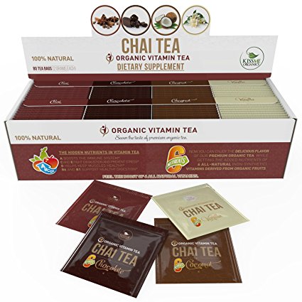 Organic Chai Tea - Variety Pack - Vitamin-Infused Chai Tea with 6 Added Vitamins from All-Natural Fruit Sources - 80 Tea Bags - 20 of Each Flavor (2 Grams Each)