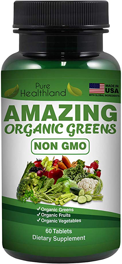 Non-GMO Amazing Organic Greens Superfood Supplement Tablets – 29 Organic Fruits & Vegetables for Dietary Health - Made in USA