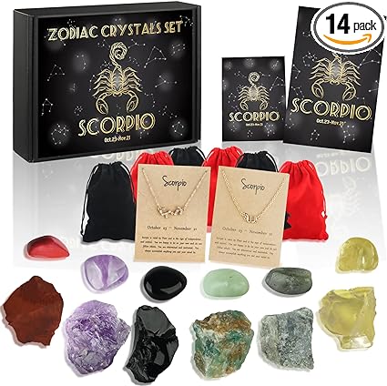 14pcs Scorpio Zodiac Crystals Gift Set Crystal and Healing Stones Star Sign Birthstones Astrology Witchcraft Christmas & Birthday Gifts for Women