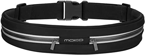 MoKo Sports Running Belt, Outdoor Dual Pouch Sweatproof Reflective Waist Pack, Fitness Workout Belt Fanny Pack Compatible with iPhone 12/12 Mini/12 Pro, 11/11 Pro Max/X/Xr/Xs Max/8, Galaxy Note 10,S20