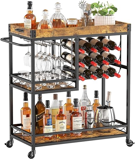 Lifewit Bar Cart, Home Bar Serving Cart, 3 Tier Drink Cart with 12 Wine Bottle Racks, Liquor Beverage Cart for Kitchen Dining Livingroom, 31.5" x 15.7" x 36.6", Removable Top Tray, Rustic Brown