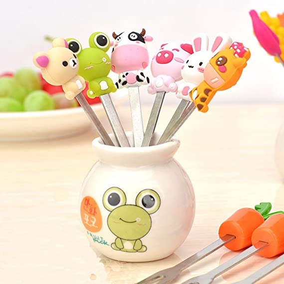 Cute Cartoon Salad Forks Mini Dessert Fruit Forks Holder Stainless Steel with A Holder 3D animal Handle Cake Food Pick Fork Set 6 Pcs for Home and Restaurant