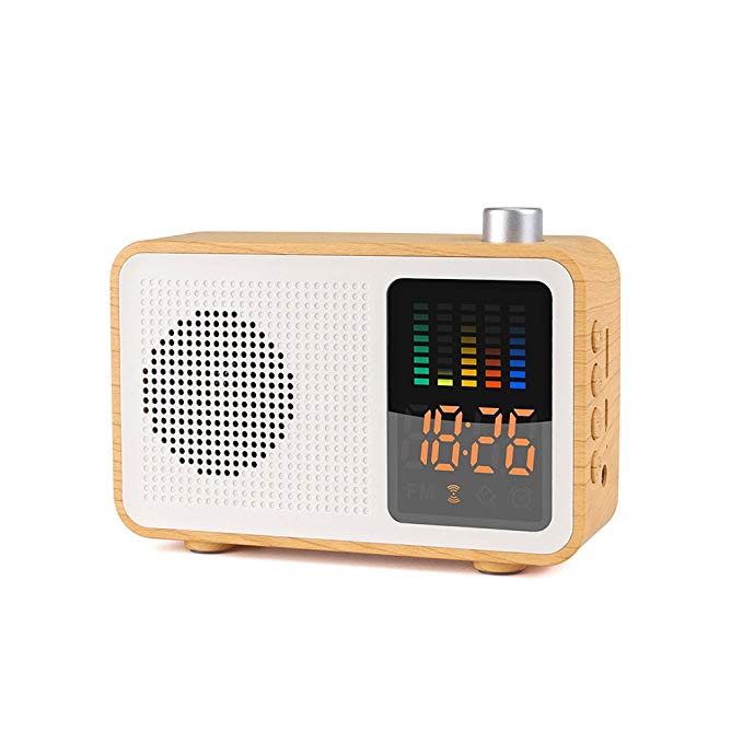 Miaboo Portable Bluetooth Speaker, Wooden Retro Stereo Wireless Speakers, FM Radio Digital Alarm Clock with TF Card/AUX-in USB Charging Supported(Maple Wood)