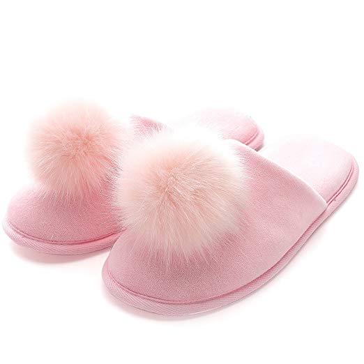 Women's Slippers Comfort Cozy Velvet Memory Foam Pom Slippers Cute Puffer Ball Home Slippers