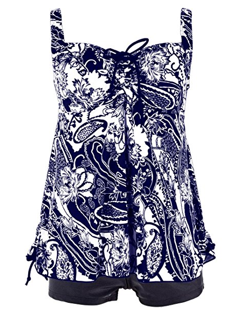 Hilor Women's Plus Size Floral Halter Tankini Set Two Piece Swimsuit