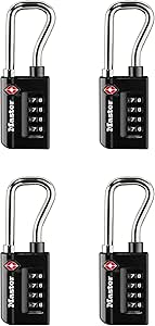 Master Lock Padlock, Set Your Own Combination TSA Accepted Luggage Lock, 1-5/16 in. Wide, Black, 4 pk, 4696EC4