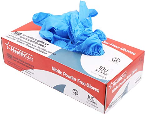 Healthstar Anti-Microbial Nitrile Glove, Medium, Disposable, Powder Free, Industrial Quality, Comfortable (Box of 100)