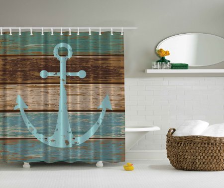 Nautical Anchor Rustic Wood - Shower Curtain - Water Soap and Mildew resistant - Machine Washable - Shower Hooks are Included