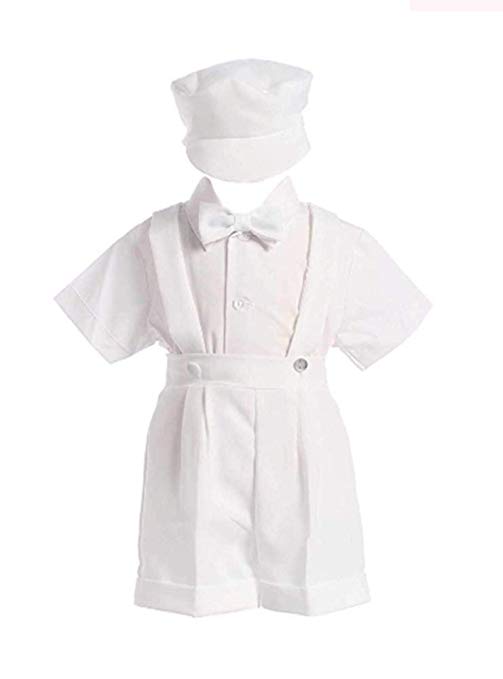 White Christening Baptism Suspenders and Short Set with Hat