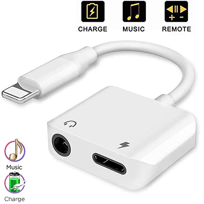 Headphone Adapter for iPhone X Adapter 3.5mm Jack Dongle Earphone Aux Audio & Charge Converter for iPhone 7/X/XS/MAX/XR/8/8Plus Car Charger 2 in 1 Support Music and Charge Suitable for 12 iOS or More