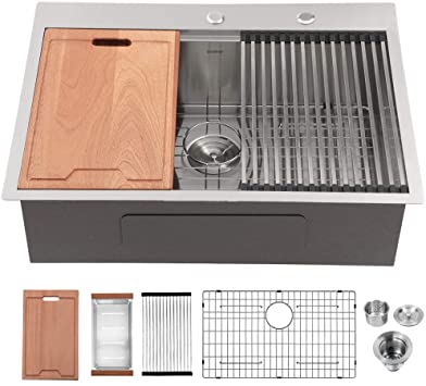 Lordear 33 inch Kitchen Sink Drop-in Topmount 16 Gauge Stainless Steel Single Bowl Ledge Workstation Kitchen Sinks