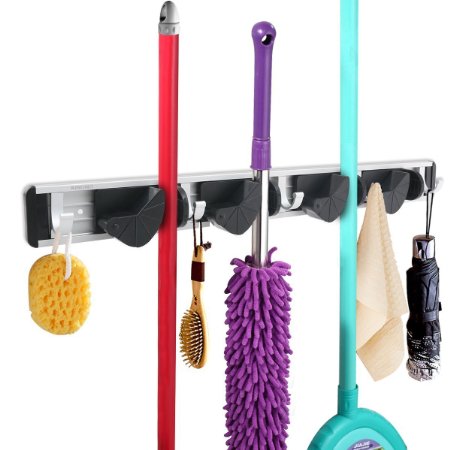 Soledi Aluminium Wall Mounted Mop and Broom Holder 4 Position with 5 Hooks- Storage Organizer and Broom Holder