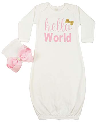 Posh Peanut Hello World Infant Baby Gown Layette Soft Sleeper Newborn Girl's Soft Beanie Girl Outfit White Gold