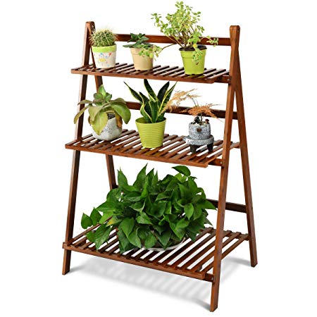 COSTWAY Bamboo Ladder Shelf Foldable Multifunctional Plant Flower Display Stand Storage Rack Bookcase Bookshelf Natural (3 Tier Brown)