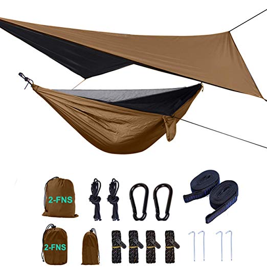 2-FNS Camping Hammock with Mosquito Net and Rain Fly, Includes Tree Straps, and Compression Sack Lightweight Portable Single Hammock Perfect for Backpacking Travel Outdoor Adventures and Camping Trip