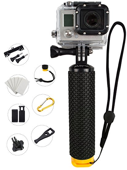 ProFloat Waterproof Floating Hand Grip (Diving Monopod & Selfie Stick) compatible with GoPro Hero 4 Session, Hero 2 3 3  4. Handle Mount Accessories Kit & Water Sport Pole for Action Camera (Yellow)