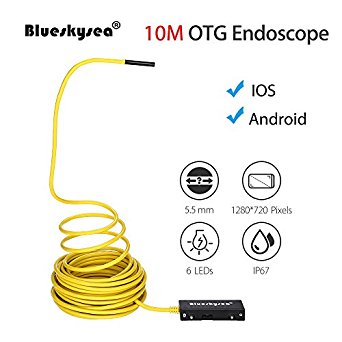 Blueskysea 5.5mm OTG Endoscope Snake Tube Borescope HD Inspection Camera Video IP67 Waterproof 2MP 720P 6LED Micro USB For Android IOS (10M/32.8ft)