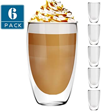 [6-Pack,15 Oz] DESIGN•MASTER - Premium Double Wall Insulated Glass, Coffee or Tea Glass Mugs, Thermo Insulated Glass, Perfect for Latte, Cappuccino, Americano, Tea and Beverage
